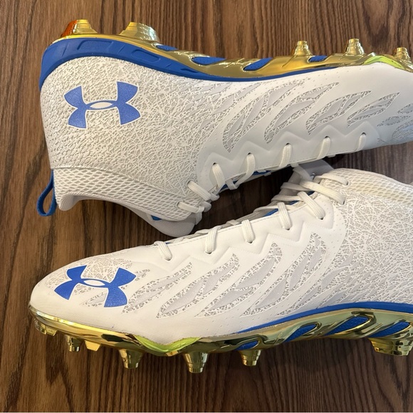 Size 19 Under Armour Spotlight Select SP MC Football Cleat White/Blue/Gold NEW - Picture 2 of 10